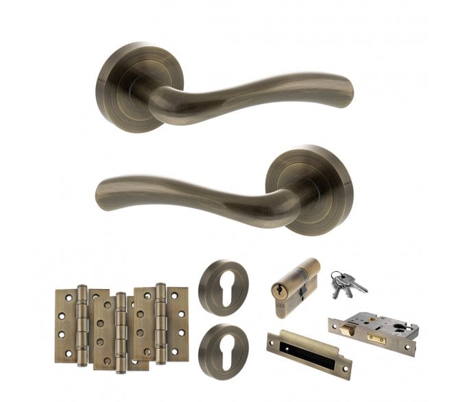 STATUS Texas Door Handle Euro Profile Lock Pack (4 Fire Rated Hinges x3) - Antique Brass