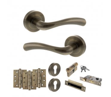 STATUS Texas Door Handle Euro Profile Lock Pack (4 Fire Rated Hinges x3) - Antique Brass