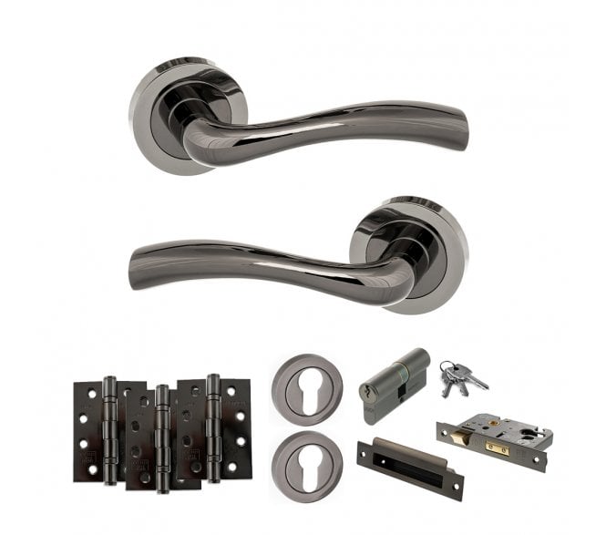 STATUS Texas Door Handle Euro Profile Lock Pack (4 Fire Rated Hinges x3) - Black Nickel