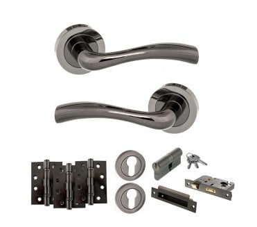 STATUS Texas Door Handle Euro Profile Lock Pack (4 Fire Rated Hinges x3) - Black Nickel