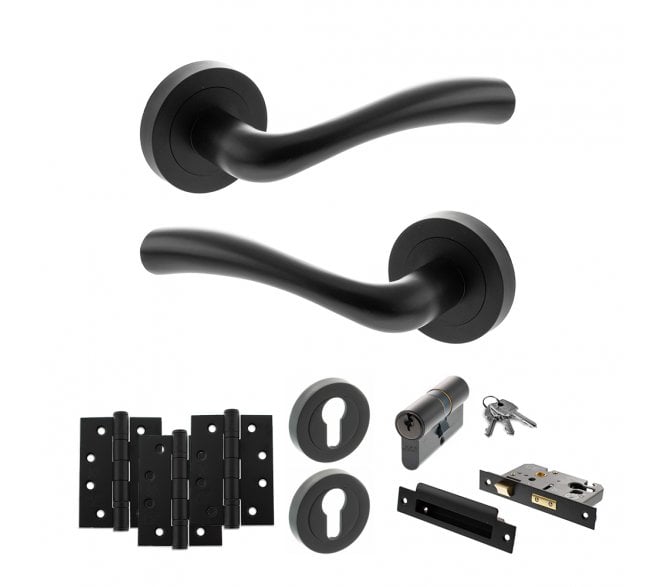 STATUS Texas Door Handle Euro Profile Lock Pack (4 Fire Rated Hinges x3) - Matt Black