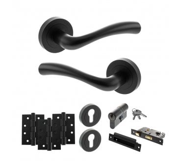 STATUS Texas Door Handle Euro Profile Lock Pack (4 Fire Rated Hinges x3) - Matt Black