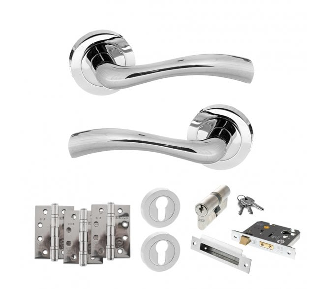 STATUS Texas Door Handle Euro Profile Lock Pack (4 Fire Rated Hinges x3) - Polished Chrome