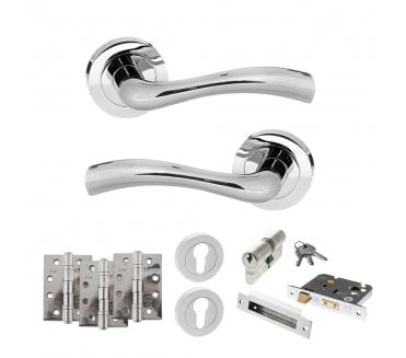 STATUS Texas Door Handle Euro Profile Lock Pack (4 Fire Rated Hinges x3) - Polished Chrome