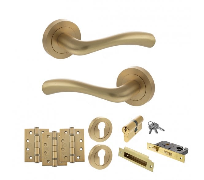 STATUS Texas Door Handle Euro Profile Lock Pack (4 Fire Rated Hinges x3) - Satin Brass