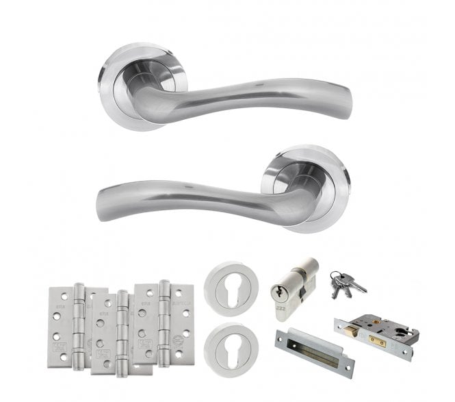 STATUS Texas Door Handle Euro Profile Lock Pack (4 Fire Rated Hinges x3) - Satin Chrome