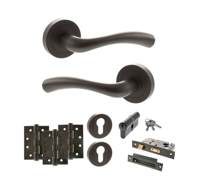 STATUS Texas Door Handle Euro Profile Lock Pack (4 Fire Rated Hinges x3) - Urban Dark Bronze