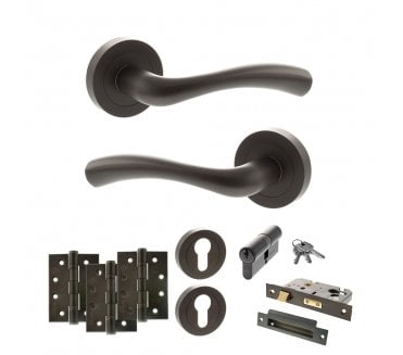 STATUS Texas Door Handle Euro Profile Lock Pack (4 Fire Rated Hinges x3) - Urban Dark Bronze
