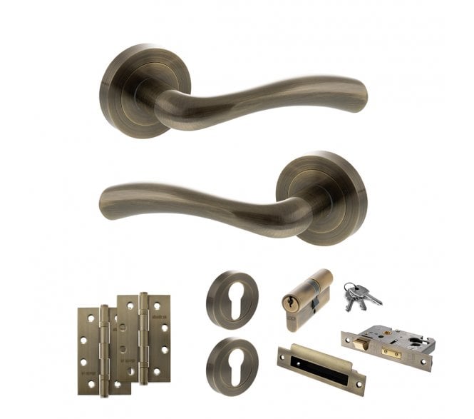 STATUS Texas Door Handle Euro Profile Lock Pack (4 Slim Knuckle Hinges x2) - Antique Brass