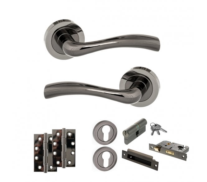STATUS Texas Door Handle Euro Profile Lock Pack (4 Slim Knuckle Hinges x2) - Black Nickel