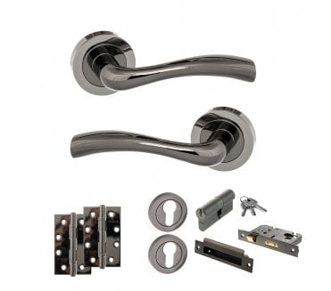STATUS Texas Door Handle Euro Profile Lock Pack (4 Slim Knuckle Hinges x2) - Black Nickel