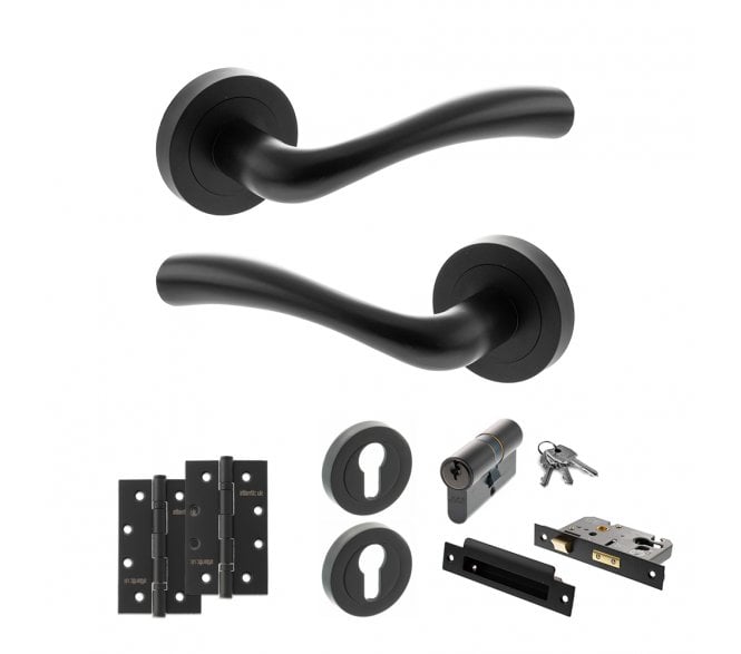 STATUS Texas Door Handle Euro Profile Lock Pack (4 Slim Knuckle Hinges x2) - Matt Black