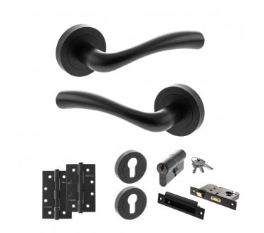 STATUS Texas Door Handle Euro Profile Lock Pack (4 Slim Knuckle Hinges x2) - Matt Black