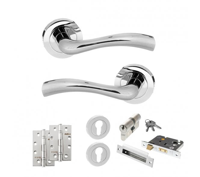 STATUS Texas Door Handle Euro Profile Lock Pack (4 Slim Knuckle Hinges x2) - Polished Chrome