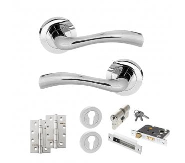 STATUS Texas Door Handle Euro Profile Lock Pack (4 Slim Knuckle Hinges x2) - Polished Chrome
