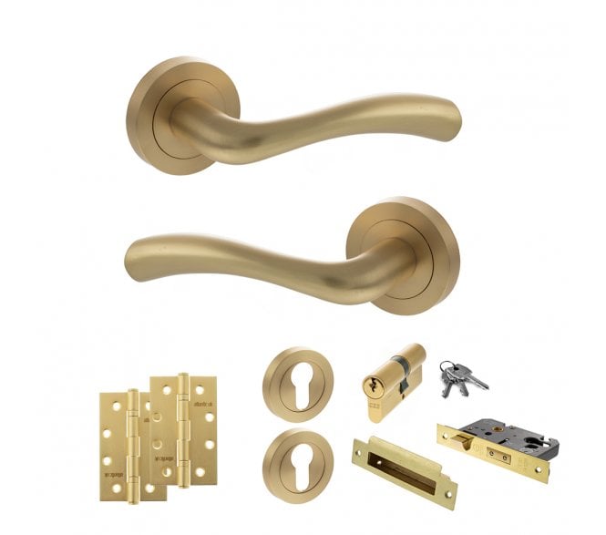 STATUS Texas Door Handle Euro Profile Lock Pack (4 Slim Knuckle Hinges x2) - Satin Brass