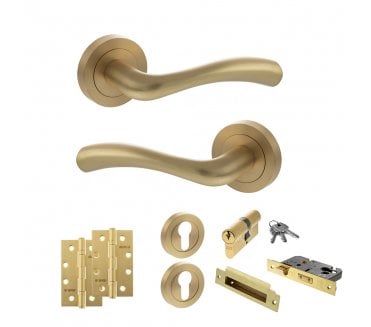 STATUS Texas Door Handle Euro Profile Lock Pack (4 Slim Knuckle Hinges x2) - Satin Brass