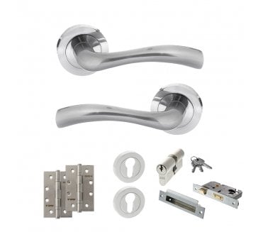 STATUS Texas Door Handle Euro Profile Lock Pack (4 Slim Knuckle Hinges x2) - Satin Chrome