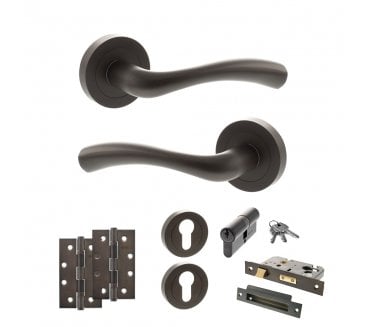 STATUS Texas Door Handle Euro Profile Lock Pack (4 Slim Knuckle Hinges x2) - Urban Dark Bronze