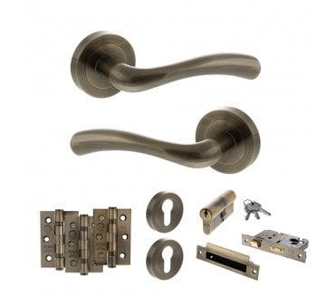STATUS Texas Door Handle Euro Profile Lock Pack (3 Ball Bearing Hinges x3) - Antique Brass