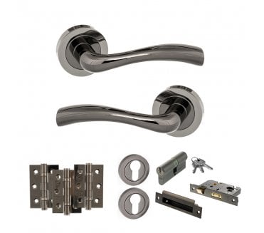 STATUS Texas Door Handle Euro Profile Lock Pack (3 Ball Bearing Hinges x3) - Black Nickel