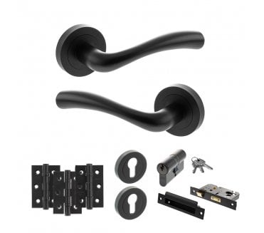STATUS Texas Door Handle Euro Profile Lock Pack (3 Ball Bearing Hinges x3) - Matt Black