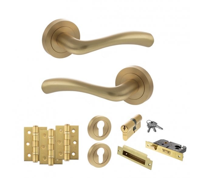 STATUS Texas Door Handle Euro Profile Lock Pack (3 Ball Bearing Hinges x3) - Satin Brass