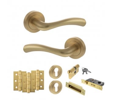 STATUS Texas Door Handle Euro Profile Lock Pack (3 Ball Bearing Hinges x3) - Satin Brass