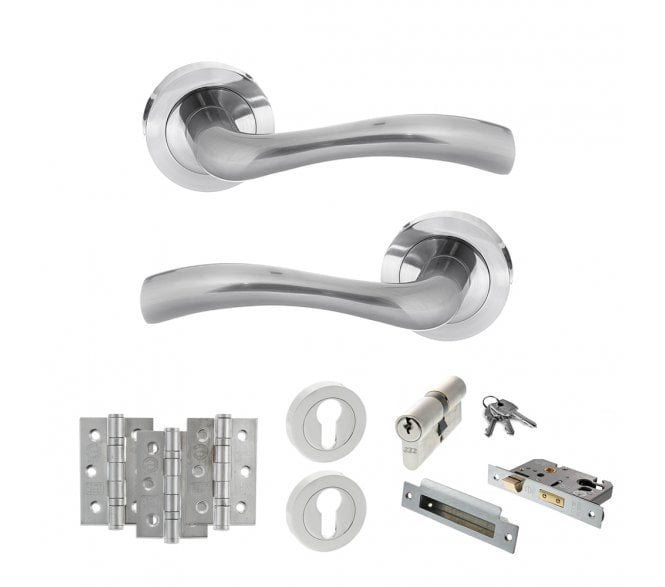 STATUS Texas Door Handle Euro Profile Lock Pack (3 Ball Bearing Hinges x3) - Satin Chrome