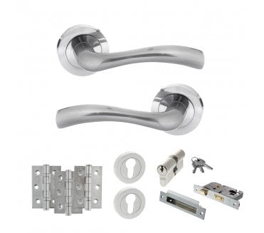 STATUS Texas Door Handle Euro Profile Lock Pack (3 Ball Bearing Hinges x3) - Satin Chrome