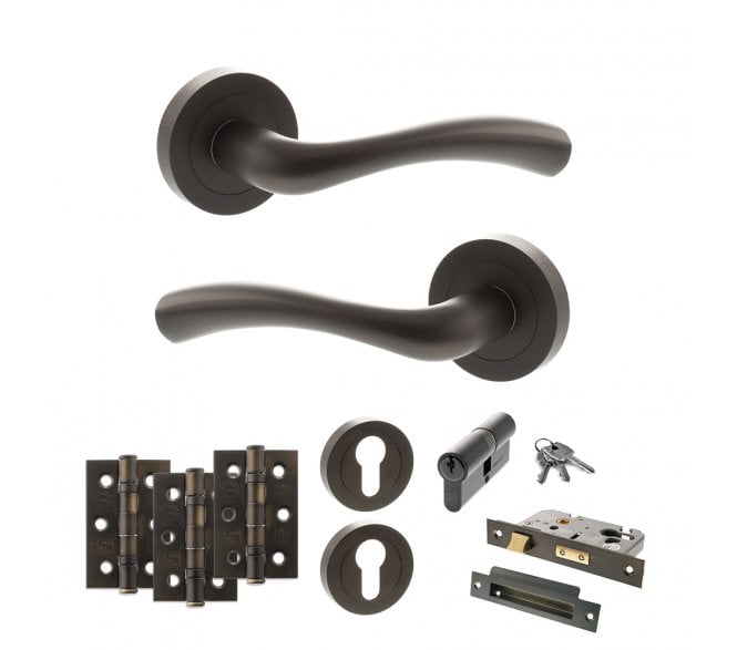 STATUS Texas Door Handle Euro Profile Lock Pack (3 Ball Bearing Hinges x3) - Urban Dark Bronze