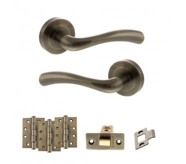 STATUS Texas Door Handle Latch Pack (4 Fire Rated Hinges x3) - Antique Brass