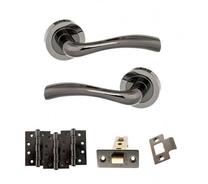 STATUS Texas Door Handle Latch Pack (4 Fire Rated Hinges x3) - Black Nickel