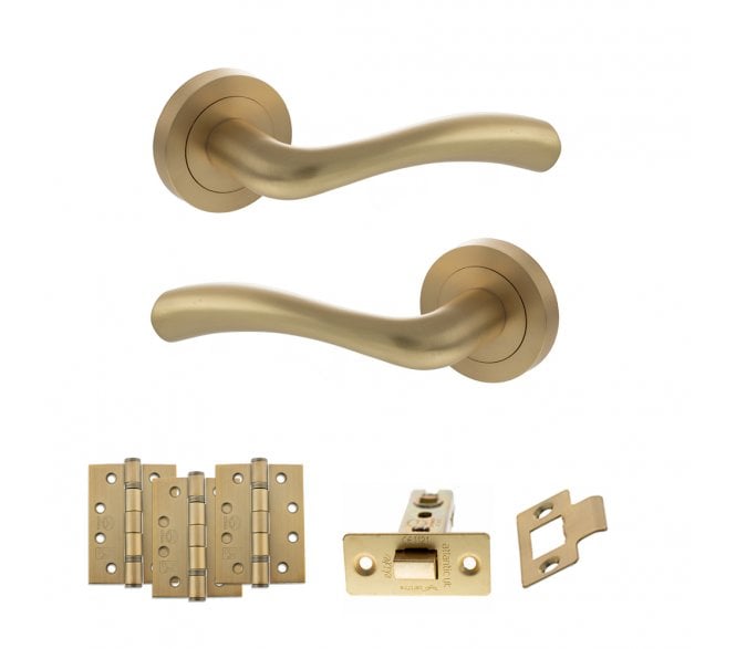 STATUS Texas Door Handle Latch Pack (4 Fire Rated Hinges x3) - Satin Brass