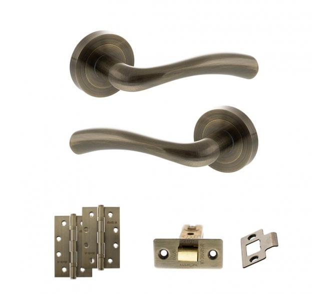 STATUS Texas Door Handle Latch Pack (4 Slim Knuckle Hinges x2) - Antique Brass