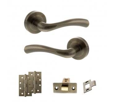 STATUS Texas Door Handle Latch Pack (4 Slim Knuckle Hinges x2) - Antique Brass