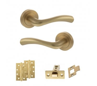 STATUS Texas Door Handle Latch Pack (4 Slim Knuckle Hinges x2) - Satin Brass