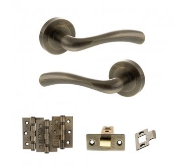 STATUS Texas Door Handle Latch Pack (3 Ball Bearing Hinges x3) - Antique Brass