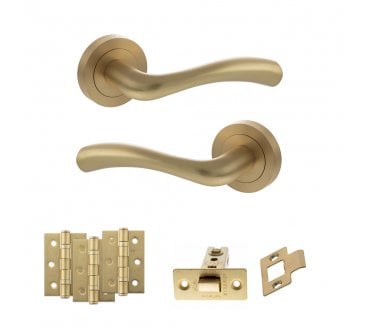 STATUS Texas Door Handle Latch Pack (3 Ball Bearing Hinges x3) - Satin Brass