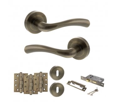 STATUS Texas Door Handle Lock Pack (4 Fire Rated Hinges x3) - Antique Brass