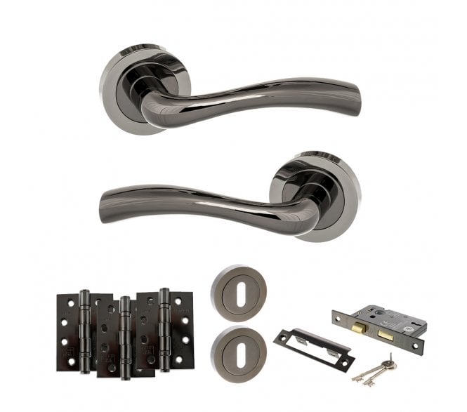 STATUS Texas Door Handle Lock Pack (4 Fire Rated Hinges x3) - Black Nickel