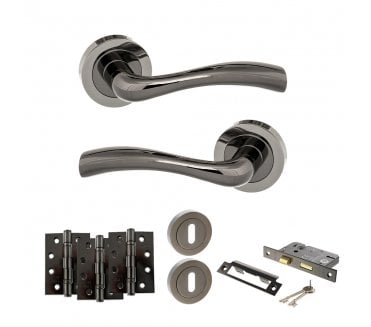 STATUS Texas Door Handle Lock Pack (4 Fire Rated Hinges x3) - Black Nickel