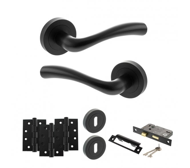 STATUS Texas Door Handle Lock Pack (4 Fire Rated Hinges x3) - Matt Black