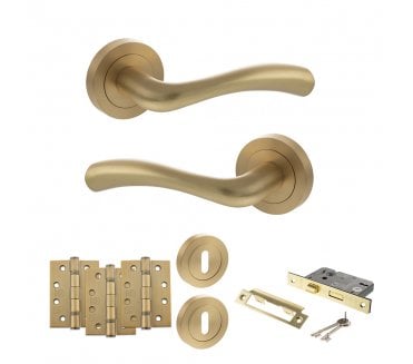 STATUS Texas Door Handle Lock Pack (4 Fire Rated Hinges x3) - Satin Brass