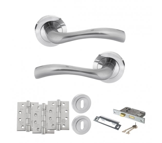 STATUS Texas Door Handle Lock Pack (4 Fire Rated Hinges x3) - Satin Chrome