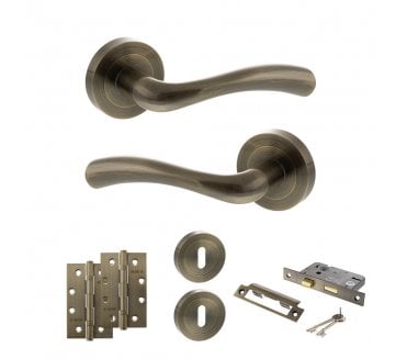 STATUS Texas Door Handle Lock Pack (4 Slim Knuckle Hinges x2) - Antique Brass