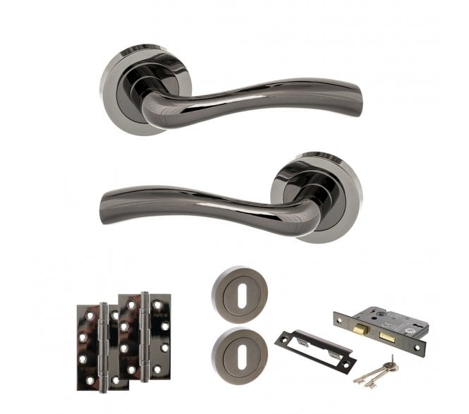 STATUS Texas Door Handle Lock Pack (4 Slim Knuckle Hinges x2) - Black Nickel