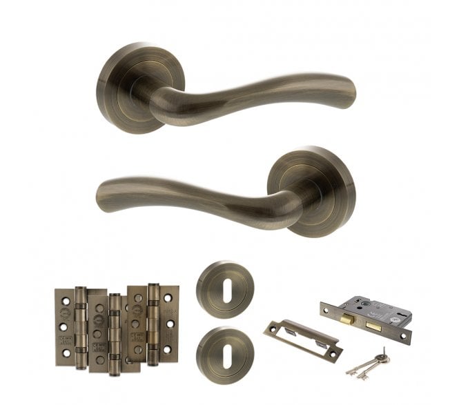 STATUS Texas Door Handle Lock Pack (3 Ball Bearing Hinges x3) - Antique Brass
