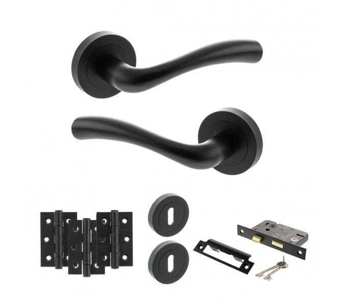 STATUS Texas Door Handle Lock Pack (3 Ball Bearing Hinges x3) - Matt Black